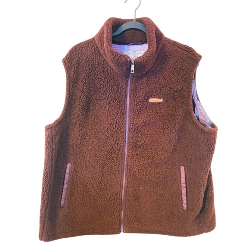 Sage Collective Brown Sherpa Fleece Vest Plaid Lined Full Zip XXL